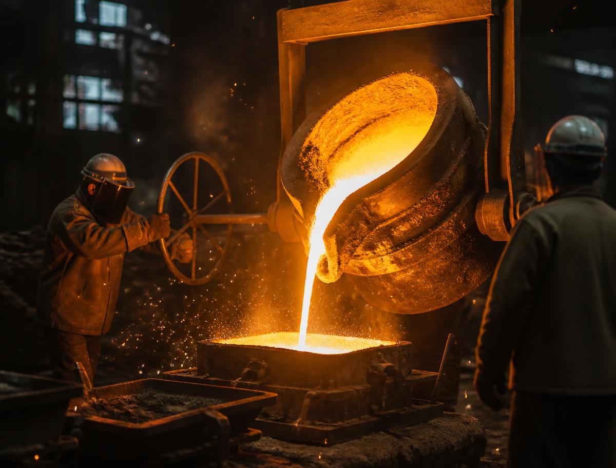Colada de acero fundido vertida desde una olla hacia el molde en la planta de SS Metal Foundry